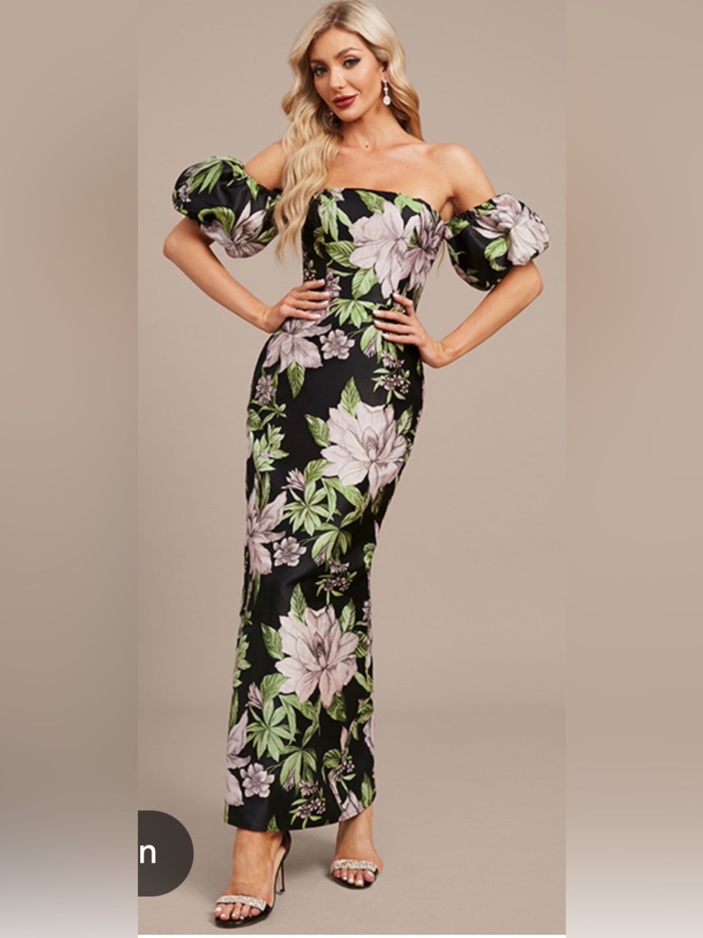 JJs House Black Off-Shoulder Midi Dress with Pink Floral & Green Leaves